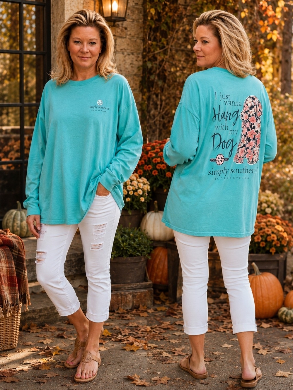 Simply Southern Teal Long Sleeve Tee with Floral Flip-Flop Back Graphic